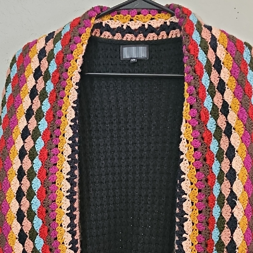 Pom Pom Boutique Multicolor Crochet Open Front Cardigan Womens Small/Medium - Picture 4 of 9